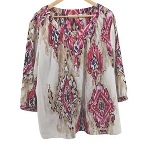 Chico's‎ Women's 4 (20/22) Tunic Top Multicolor Ikat Abstract 3/4 Sleeve Blouse